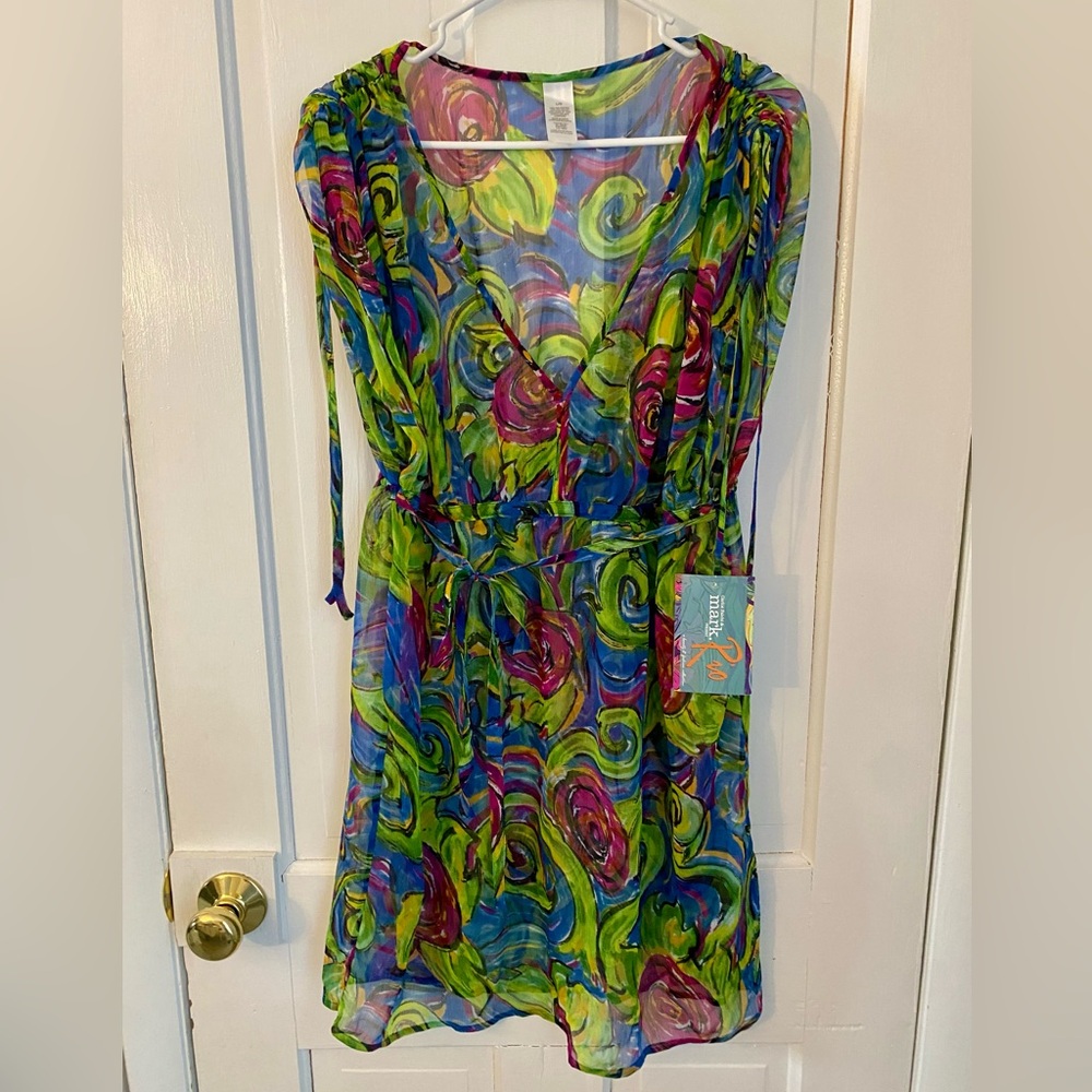Carlos Falchi Multicolor Swirl Sheer Swim Coverup in Blue, Green, Pink - Picture 4 of 8